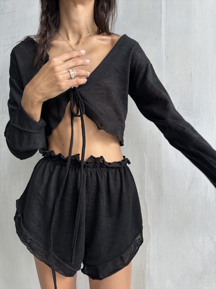 Bộ đồ ngủ nữ áo cardigan thắt dây kèm quần short dệt kim mặc nhà thoải mái — Màu trắng, Màu đen chi tiết 39