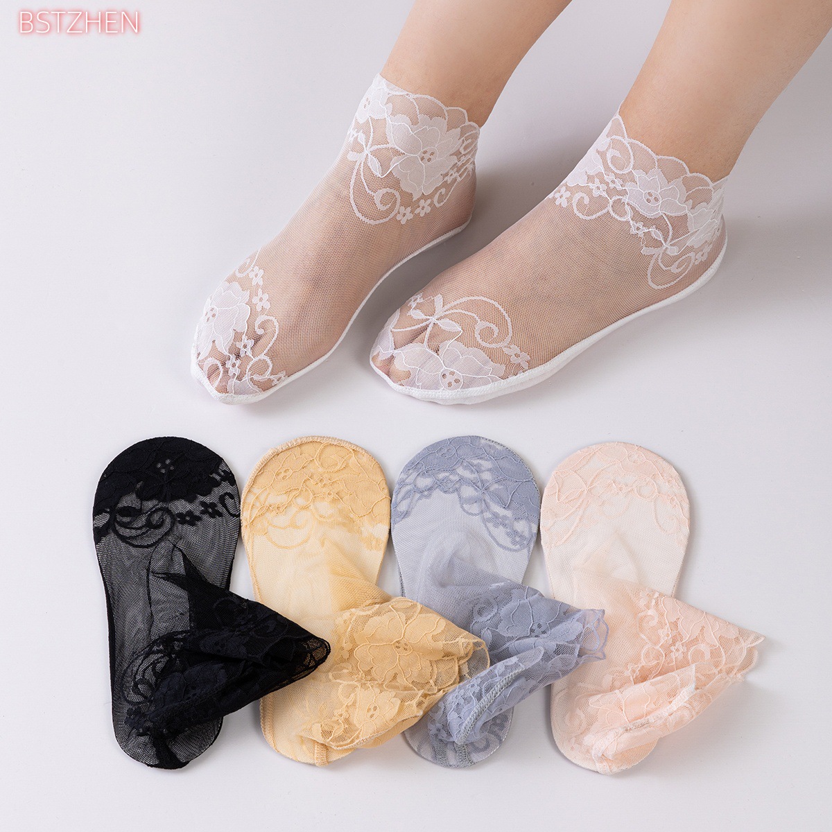 Lotus Lace Socks for Women Spring and Summer Thin Lace Cotton Bottom Korean Style Short Boat Socks Breathable Sexy Mesh Socks Sets
