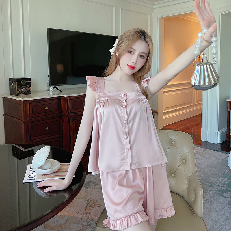 Women's suspender pajamas summer two-piece suit ice silk square collar short sleeve shorts Ice Silk small homewear thin