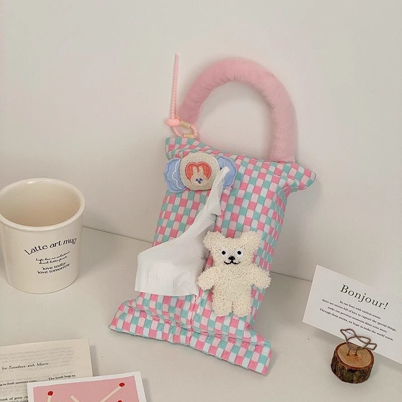 Car tissue box with cream decoration and little white bear design, car tissue holder for seat back, creative hanging tissue storage box