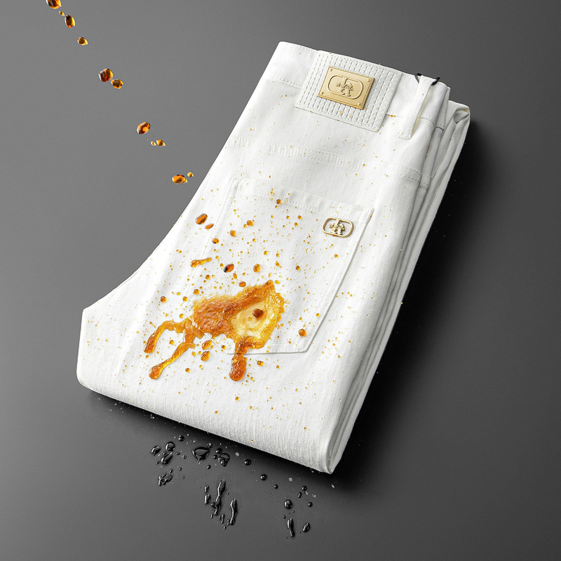 Three-proof Fabric Anti-fouling Summer Thin Men's Jeans Slim-fit Small Straight Stretch Casual Trendy All-match White