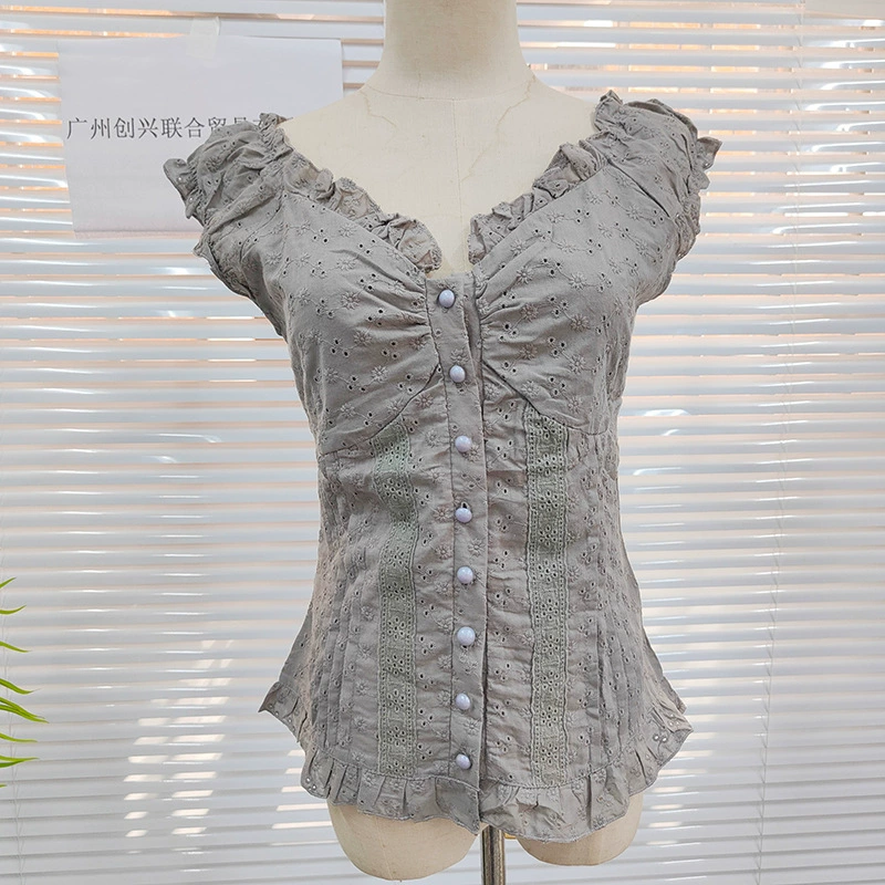 Pleated Lace Blouse for Women, Low Collar Button-Front, Puff Sleeves, S–XL