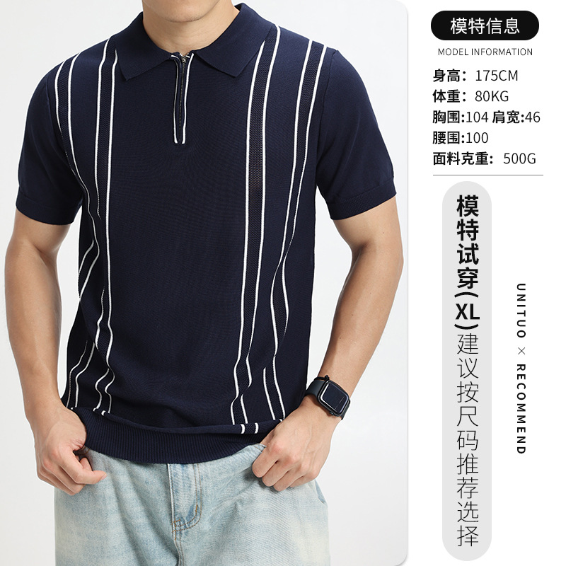 Transfronterizo de hombre hielo hombre polo camiseta de manga corta media cremallera estriada de negocios de alto nivel camiseta de verano hombre