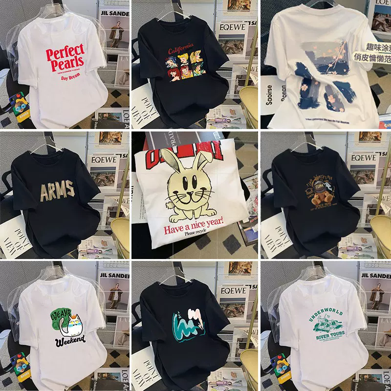 2024夏季新款纯棉短袖t恤女韩版休闲风印花圆领上衣批发代发货源