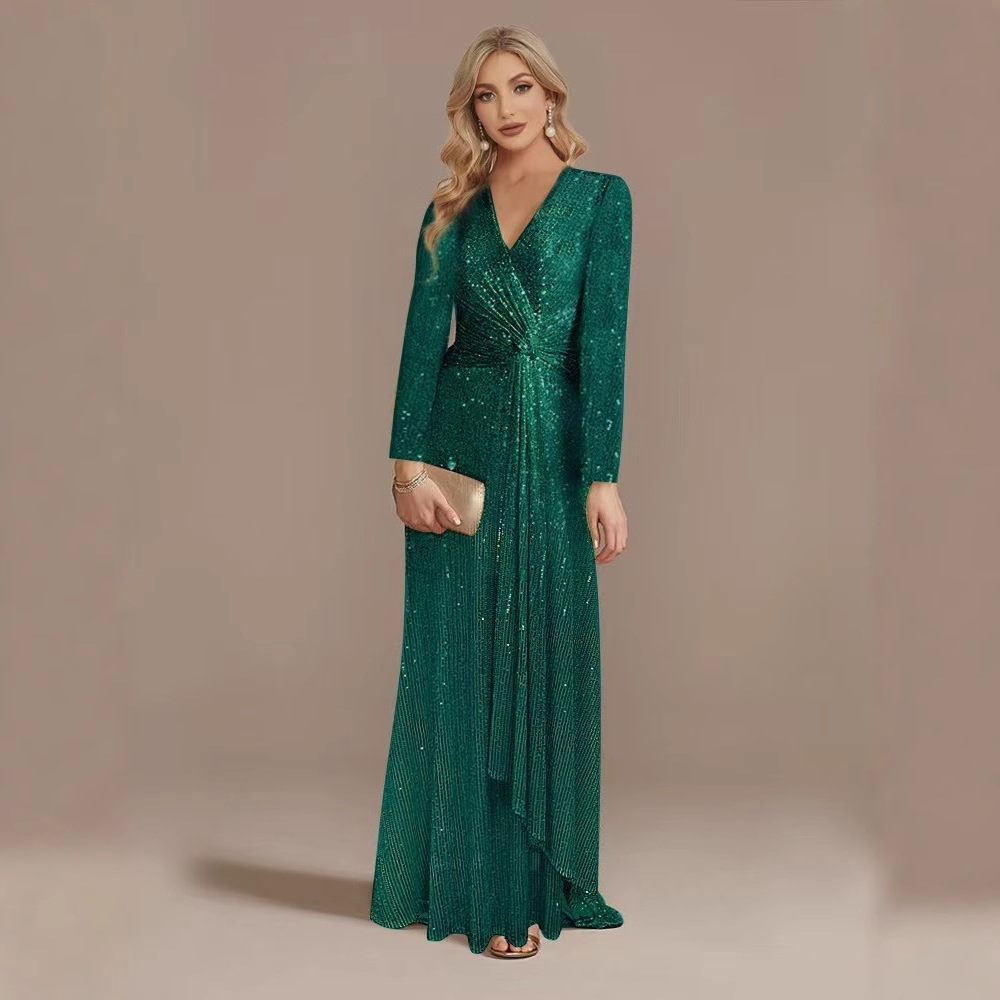 Europäisches und amerikanisches grenzüberschreitendes neues Verkaufsschlager-Frühlingskleid: Elegantes, einfarbiges Paillettenkleid mit langen Ärmeln für den Abend – perfekt für die High Society._voghion.com