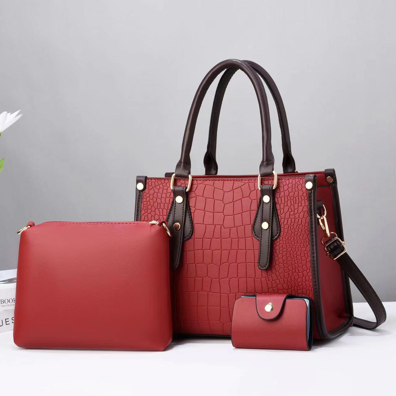 Casual, Daily Occasion Women's Large Pu Leather Solid Color Crocodile Vintage Style Zipper Bag Sets Handbag