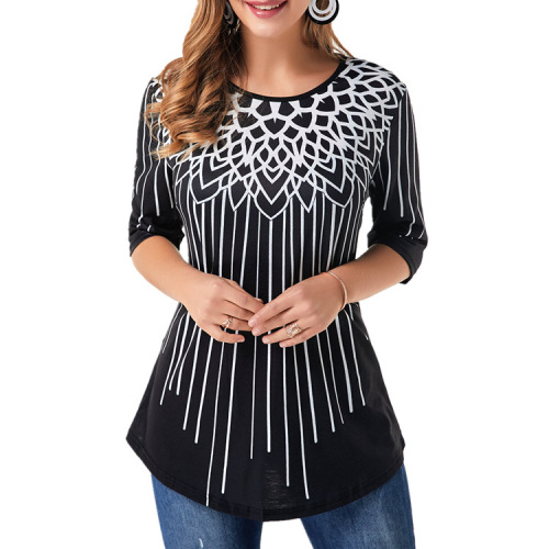 Geometric Print Round Neck T-Shirt with Five-Button Sleeve - European and American Independent Station