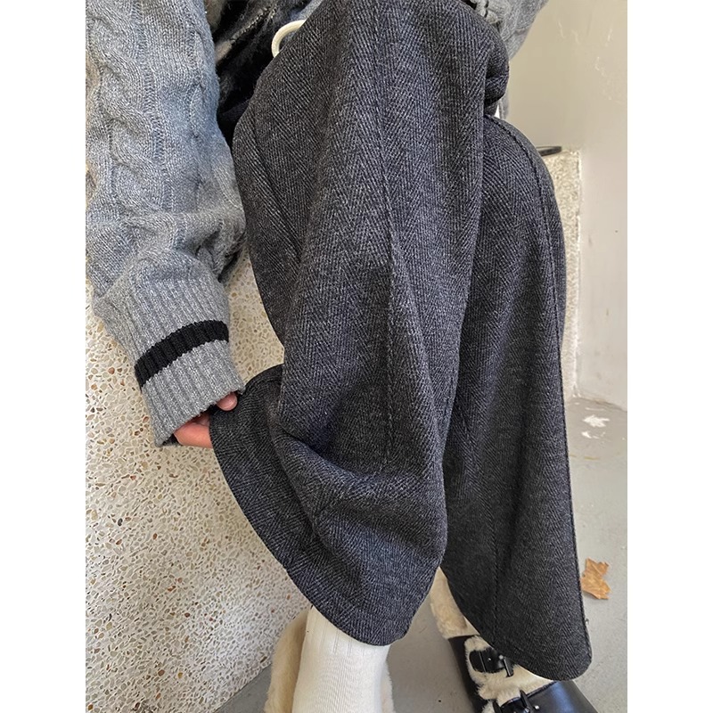 Pantalones de piernas anchas más gruesas para mujeres otoño y invierno de 2024 nuevos pantalones de cintura alta, pantalones casuales, pantalones rectos de lana a herringbone