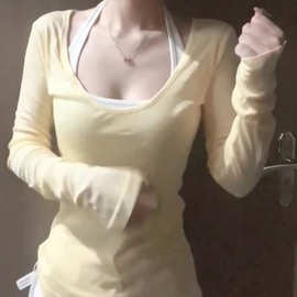 纯欲风性感黄色v领长袖T恤女修身显瘦保暖内搭打底衫上衣女ins潮