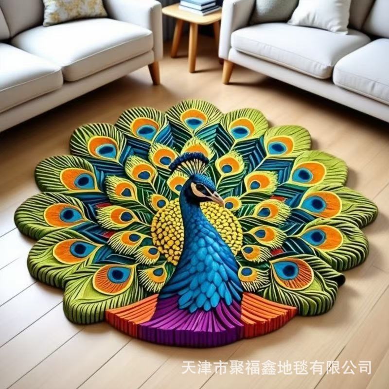 热销孔雀水晶绒客厅家用地垫客厅3D花卉地毯圆形家居新款异形垫|undefined