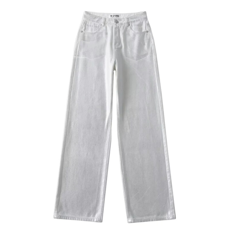 American style 2023 autumn new hot girl high waist loose wide leg mopping Denim trousers women's metal silver straight trousers