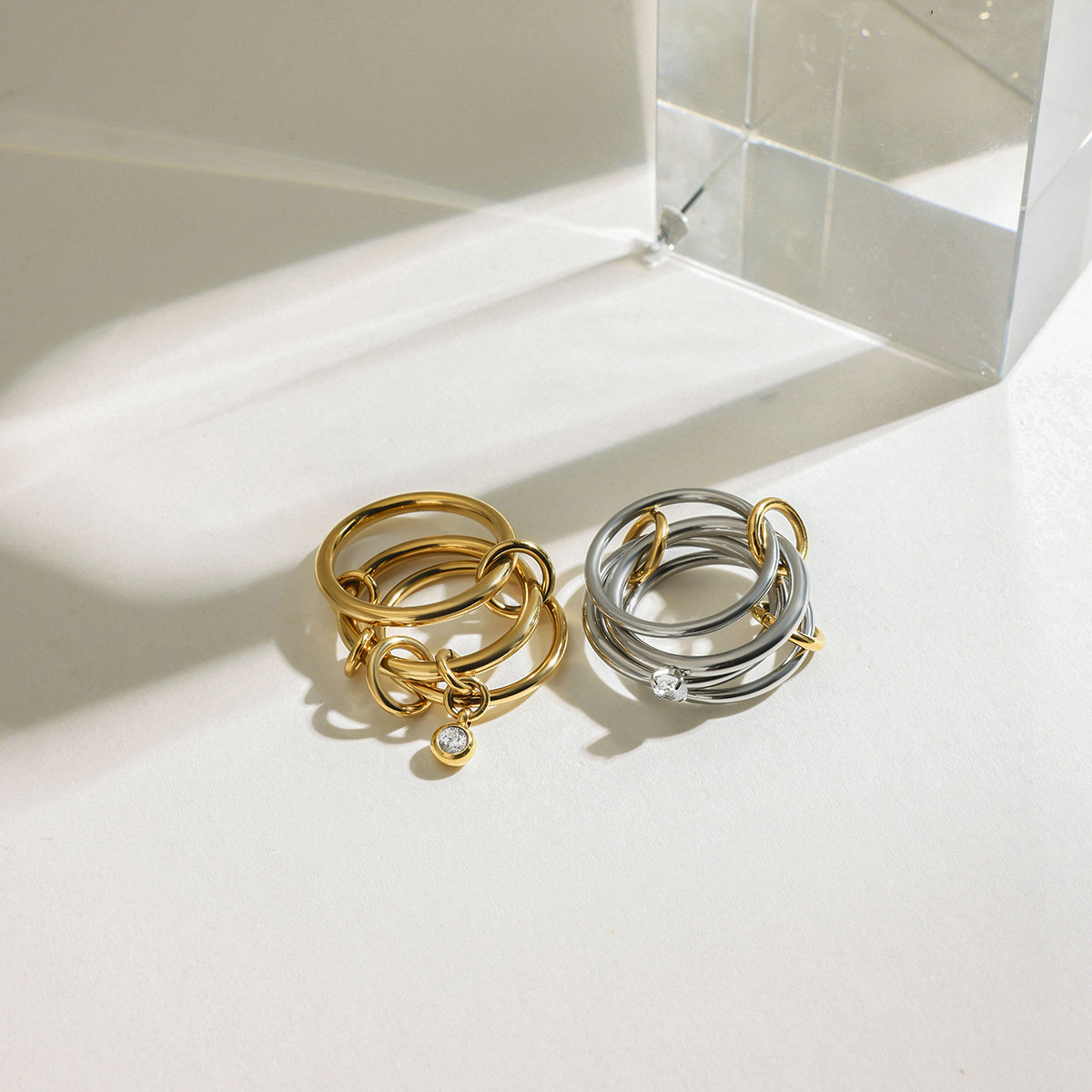 Wanxing anillo de dedos apilado de múltiples capas de acero inoxidable con anillo de circón joyería femenina de diseño de nicho sentido de acero de titanio image 5