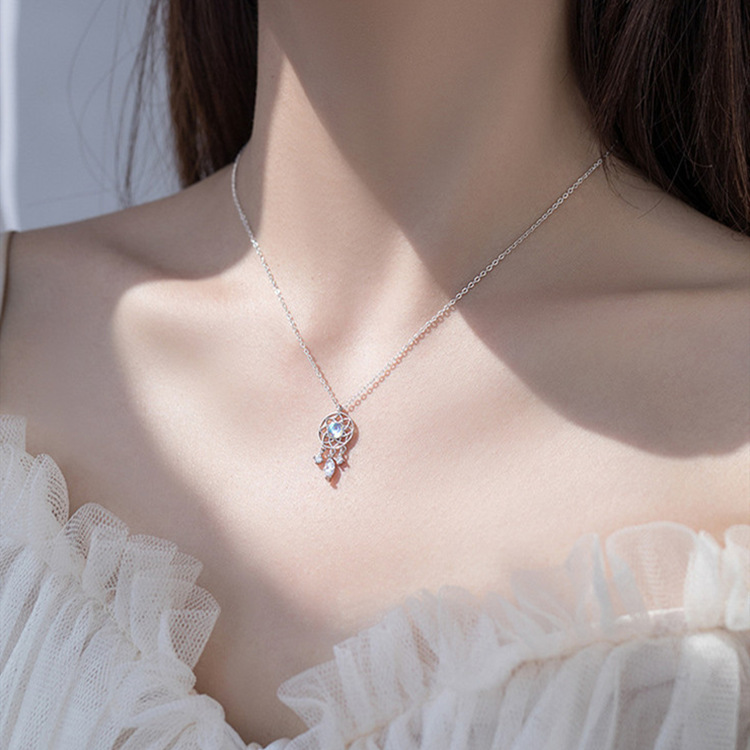 Women's Gender 925 Sterling Silver Moonstone Dreamcatcher Water Droplets Pendant Necklace