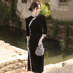 秋冬裝加厚黑色國風中式長款改良旗袍年輕款女復古修身中長袖走秀