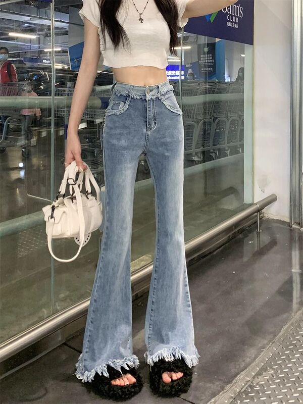大码胖mm高腰牛仔裤女春秋修身显瘦设计感小个子复古微喇叭阔腿裤|undefined