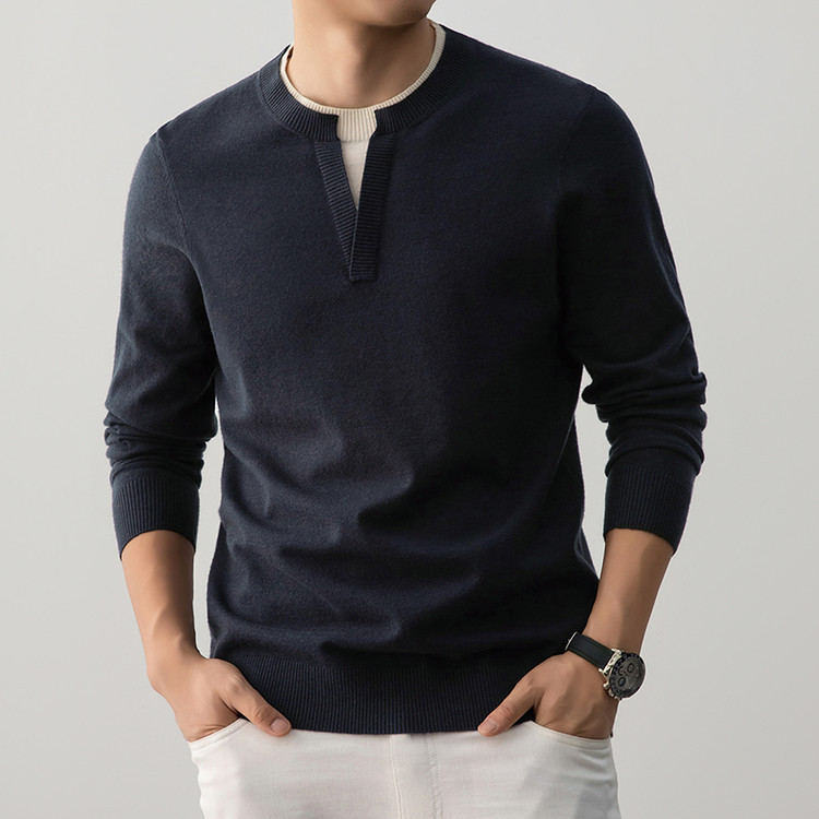 Camiseta de punto de otoño para hombres nuevo empalme falso dos piezas de moda universal suéter de cuello redondo de color sólido relajado