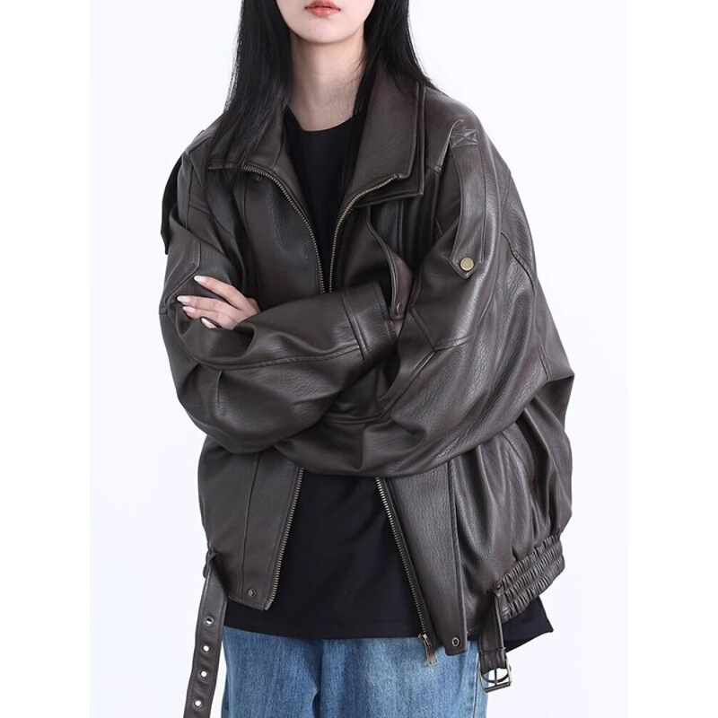 New heavy-duty retro stand-up collar motorcycle jacket, PU leather jacket, loose and versatile outerwear for autumn and winter, Hong Kong style New heavy-duty retro stand-up collar motorcycle jacket, PU leather jacket, loose and versatile outerwear for autumn and winter, Hong Kong style