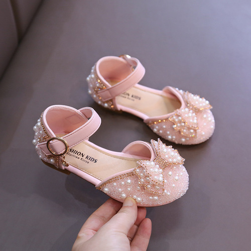 Girls Sandals 2024 Spring and Summer New Pearl Soft Sole Children's Shoes Medium and Large Children's Princess Shoes Spring Style Girls' Leather Shoes