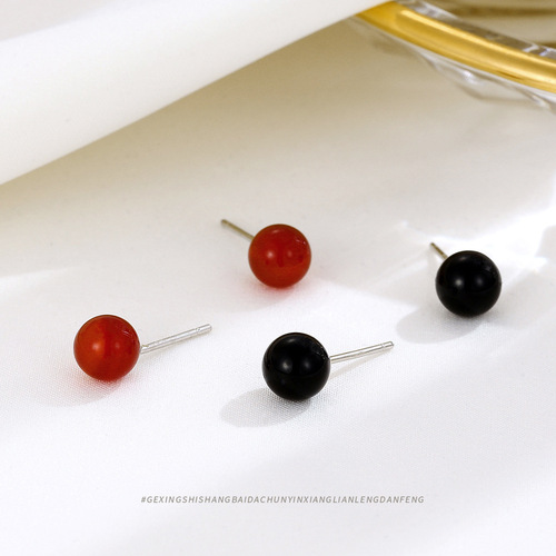Niche ins temperament jewelry s925 sterling silver black and red agate earrings personalized girlfriends high-end crystal earrings for women