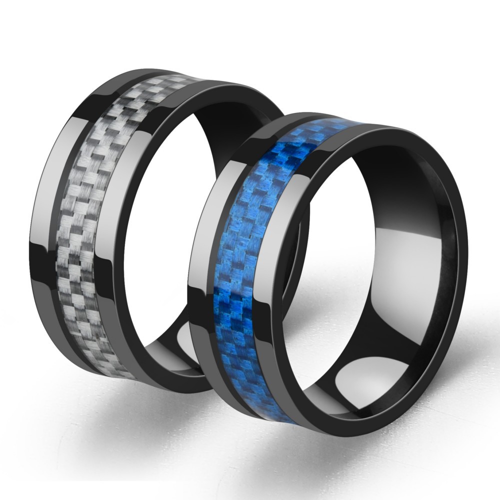 跨境电商钛钢戒指 不锈钢指环碳纤维黑色镶嵌男士戒指
