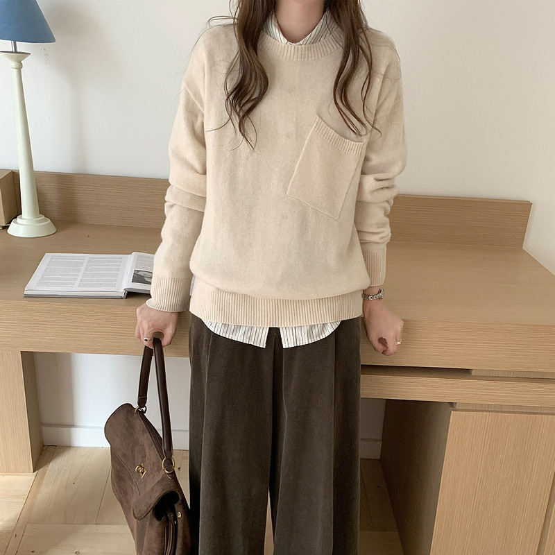 100纯羊毛七针加厚女式毛衣秋冬新款圆领针织衫斜兜设计打底衫潮|undefined