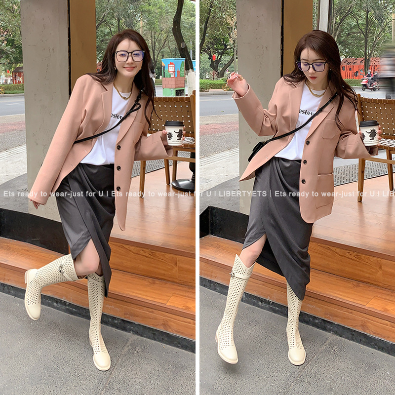 Boot nữ cổ cao lỗ rỗng dây thắt lưng khóa — Màu đen chi tiết 17