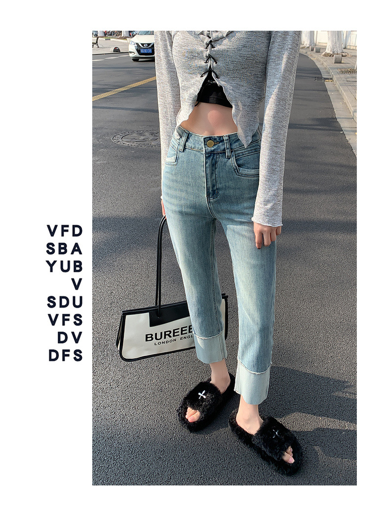 【中国直邮】HEY+JEANS 春季韩系翻边高腰显瘦九分裤 黑色 M