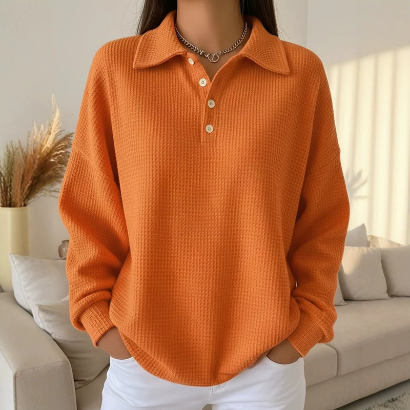 European and American cross-border 2026 autumn and winter new loose-fitting solid color turn-down collar versatile polo shirt waffle long-sleeve women's top European and American cross-border 2026 autumn and winter new loose-fitting solid color turn-down collar versatile polo shirt waffle long-sleeve women's top