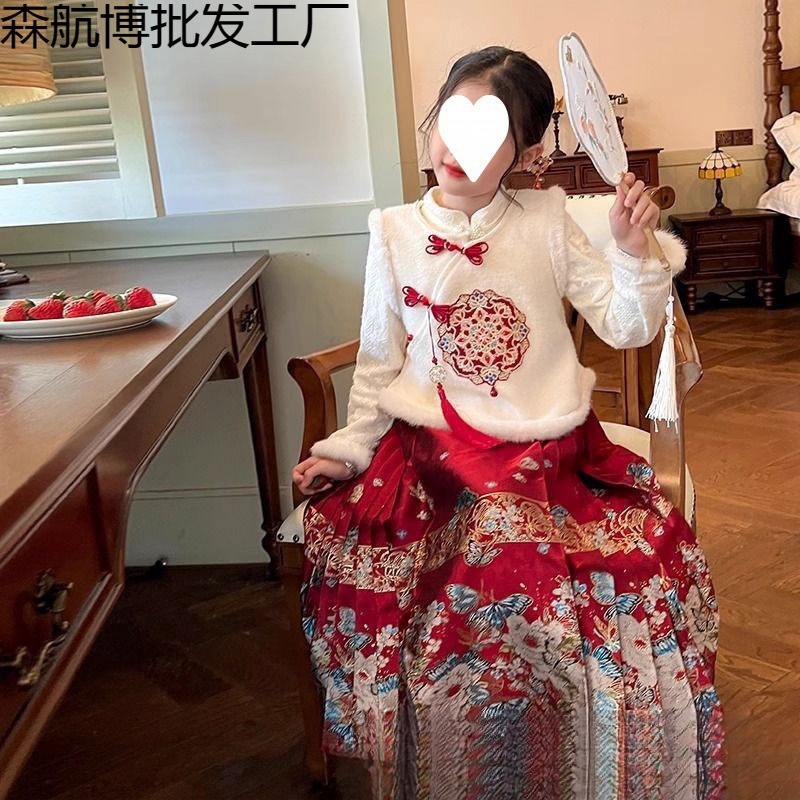 女童马面裙加厚2023套装秋冬新款中国拜年服宝宝冬季女童汉服唐装