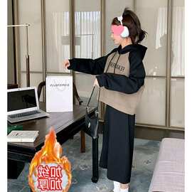 加绒卫衣+半身裙套装卫衣开叉裙两件套拼接时尚卫衣套装女跑步服