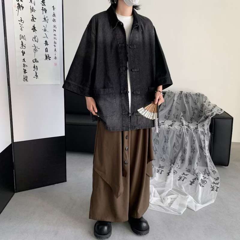 冰丝渐变短袖衬衫男士春秋夏季款宽松休闲男装潮男生长袖衬衣外套