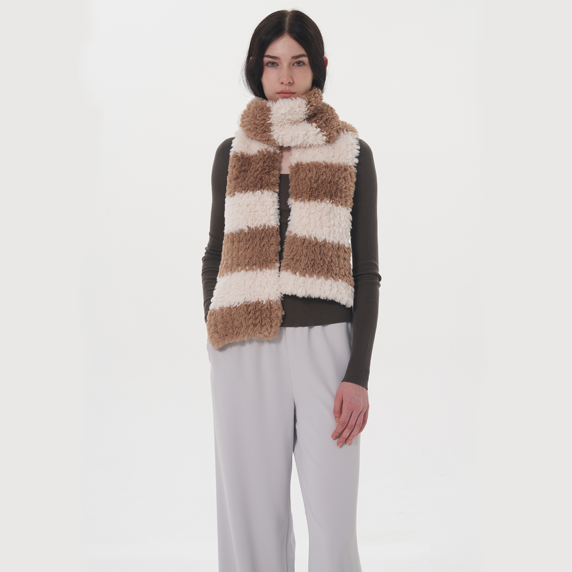 Women's Scarves Soft striped two-color plush scarf for women winter new warm thickened versatile cute knitted scarf scarf_voghion.com