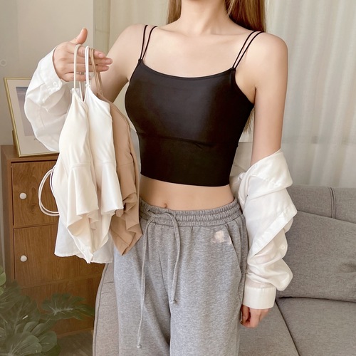 Ice Silk Seamless Beautiful Back Camisole for Women with Integrated Fixed Breast Pad and External Wear Bottoming Beautiful Back Strap Top Bra for Women