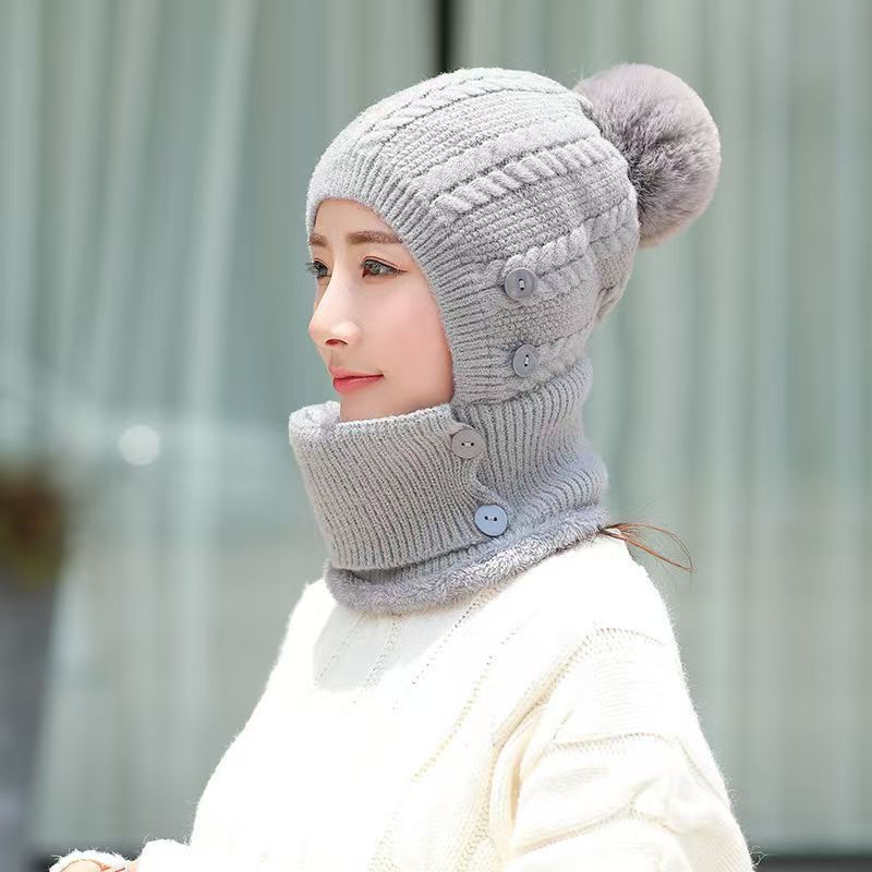 秋冬款帽子女针织防寒帽围脖连体护脸口罩帽子围脖纯色加绒保暖帽|undefined