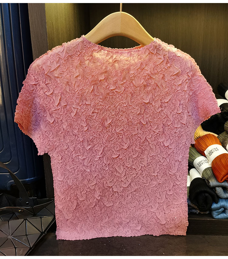 Áo thun ngắn tay nữ cổ tròn xếp li dập nổi kim cương, chất liệu cotton phối polyester, form suông thoải mái, phù hợp đi làm và dạo phố mùa hè — Màu hồng, Màu xanh lá, Màu mơ chi tiết 18