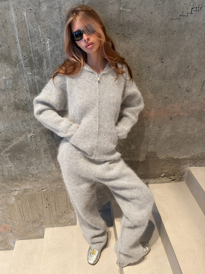 Bộ đôi áo cardigan len dệt kim có mũ khóa kéo viền lông giả và quần dài hai túi dáng rộng — màu xám chi tiết 10