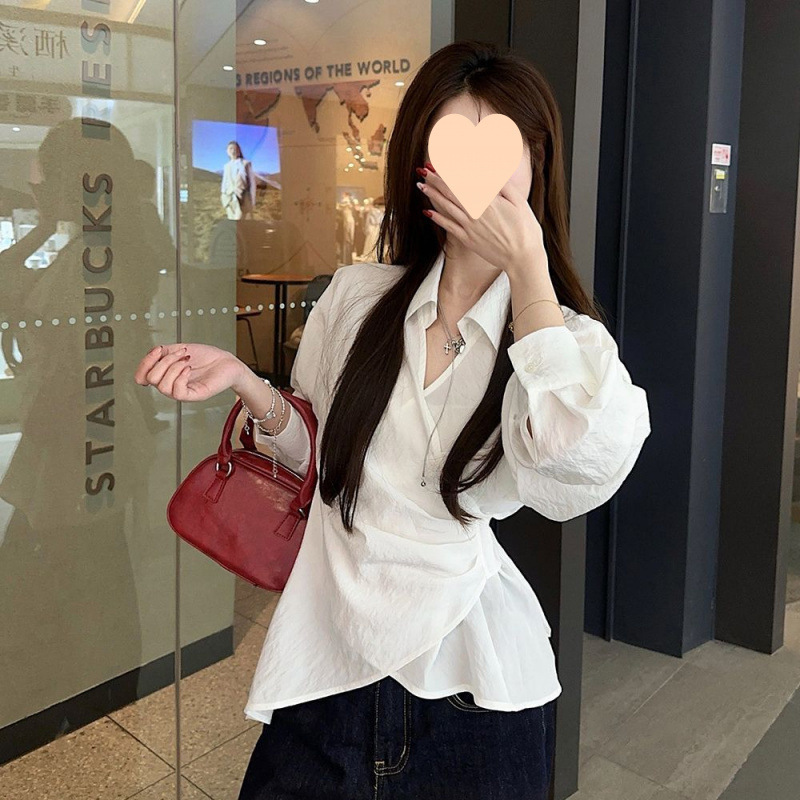 韓国ファッションウエストカラーシャツレースアップリボンデザインスリム新作長袖ストライプイレギュラートップ|undefined