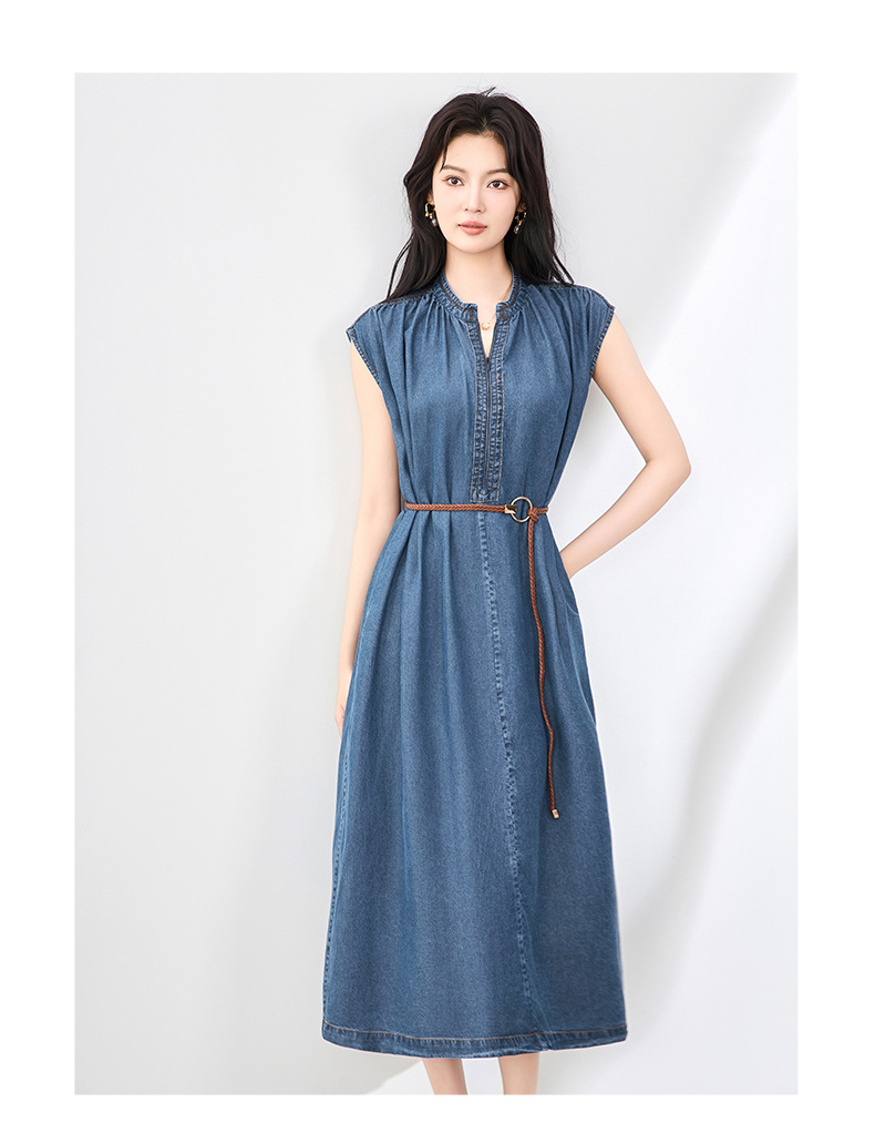 Váy liền denim Tiansi dáng maxi thắt eo phong cách Pháp mùa hè — Màu xanh lam chi tiết 6