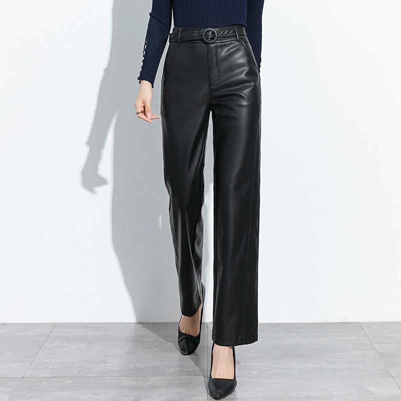 海宁秋冬新款女真皮大阔腿拖地长裤纯皮头层绵羊皮高腰气质直筒裤