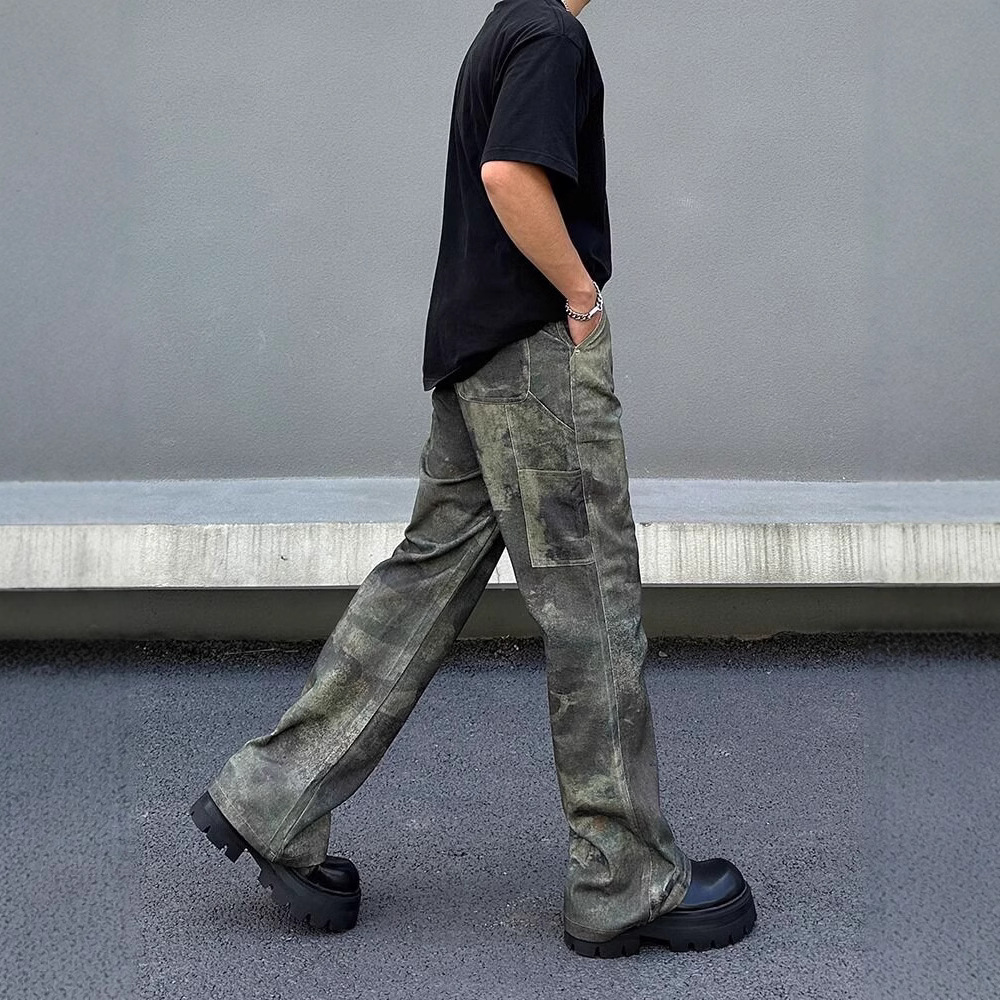 Men's Vintage Washed Denim Jeans | Digital Print Camouflage Pattern | Relaxed Fit Wide Leg Trousers For Retro Streetwear Style_viptrois.com