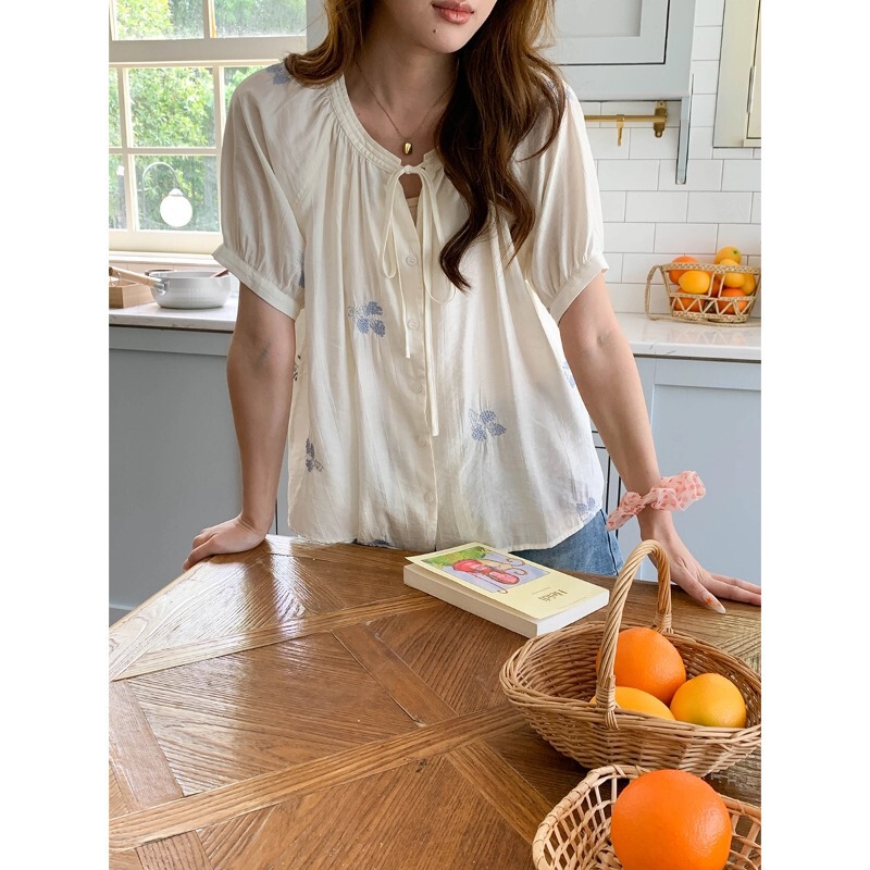 3Th Morning Floral Light Mist Korean-Style Floral Embroidered Tie-Neck Short-Sleeve Shirt Zy4215