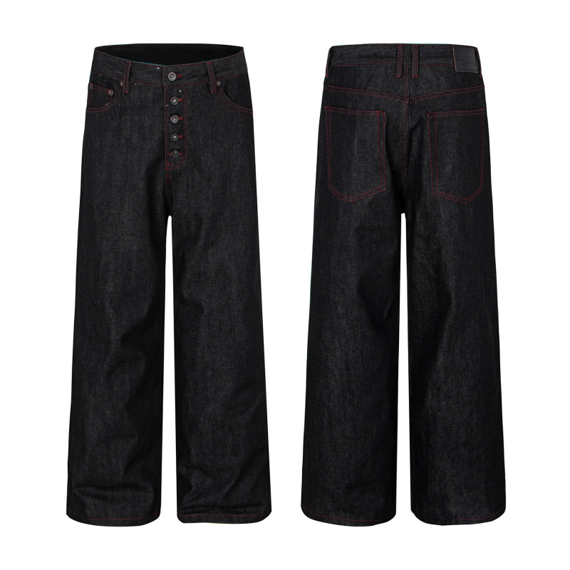 Raw Denim Vintage Button Design Red Stitching Jeans for Men, Unwashed and Unbleached Pants for Women, Direct Sales from the Manufacturer