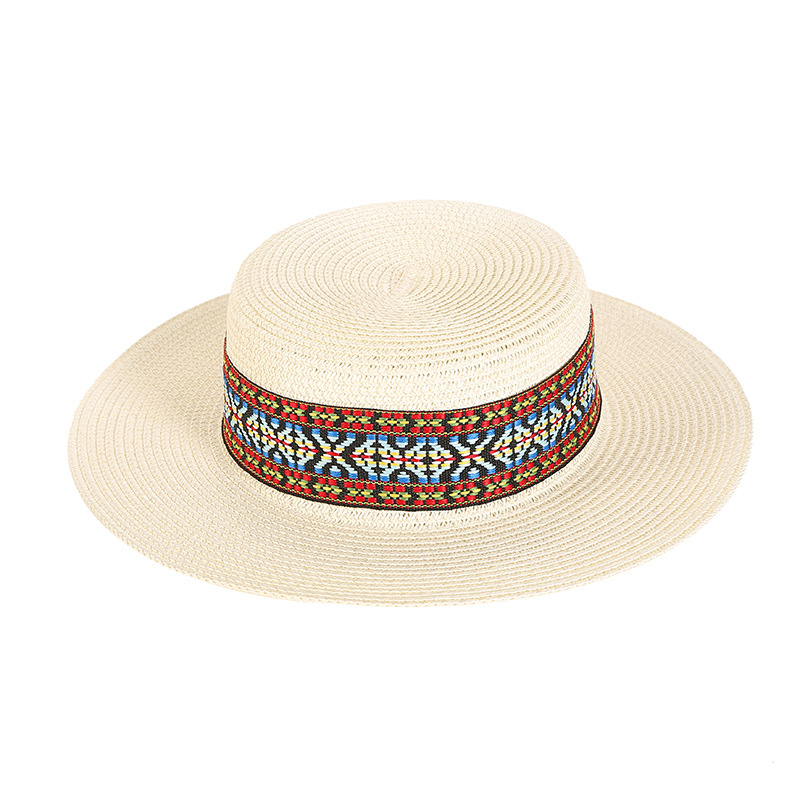 Vintage Straw Sun Hat For Beach Bohemian Flat Top Sun Protection_voghion.com