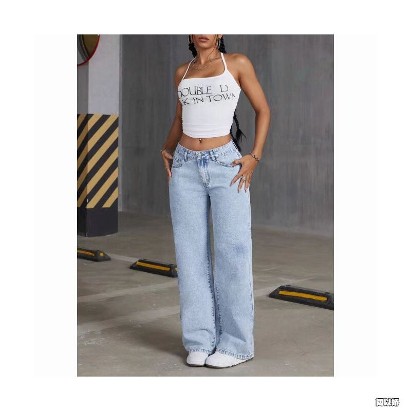 European and American style high-waisted straight-leg jeans for women, Amazon autumn and winter collection, petite size, loose fit, flowing fabric, solid color, wide-leg pants