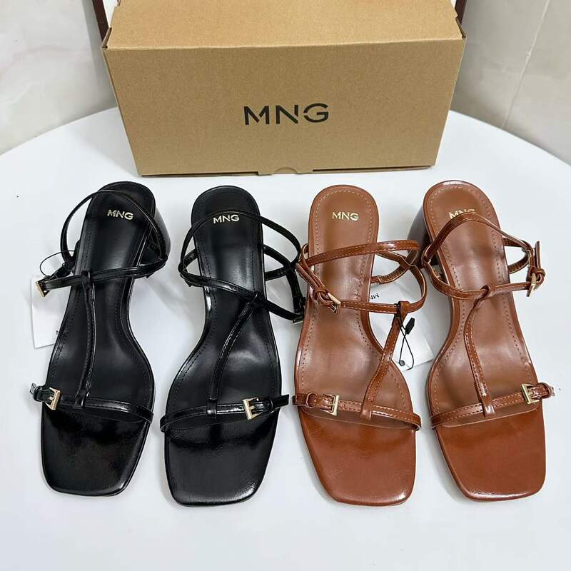 Mng Mango Women's Shoes 2026 Summer New Lace-Up Chunky Heel Sandals Square Toe Design French High Heel Sandals