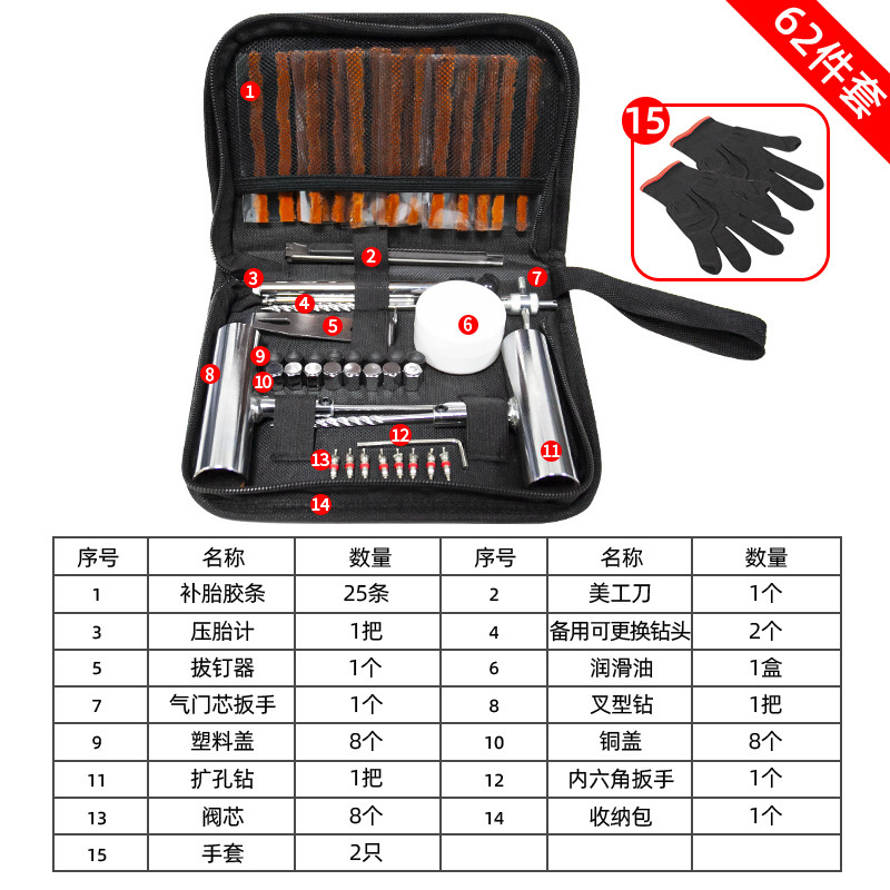 tubeless tire repair – Qìchē Repair kit - 62-piece-set-metal-handle