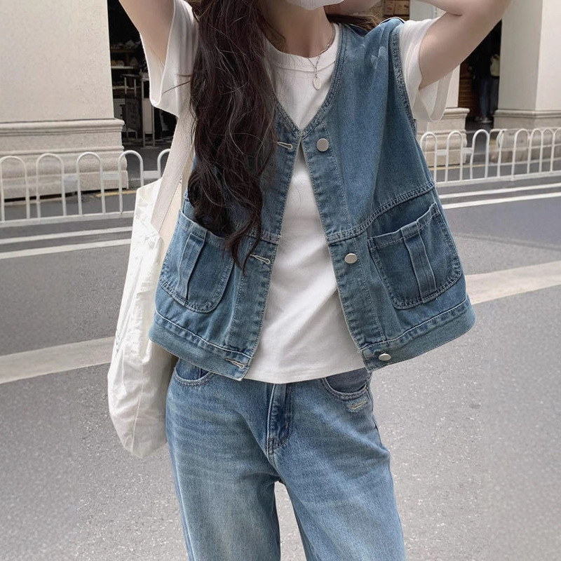Vintage Denim Vest Women's Small Loose Age-reducing Hong Kong Style Short V-neck Japanese Style Vest Thin Stacked Vest