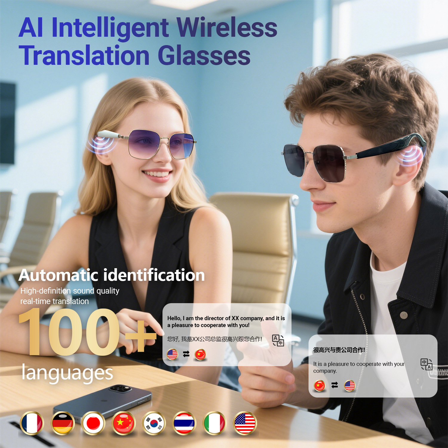 New Ai Smart Translation Bluetooth Glasses Sunglasses with More Than 100 Voice Real-Time Translations, Listening to Songs and Calls Sunglasses