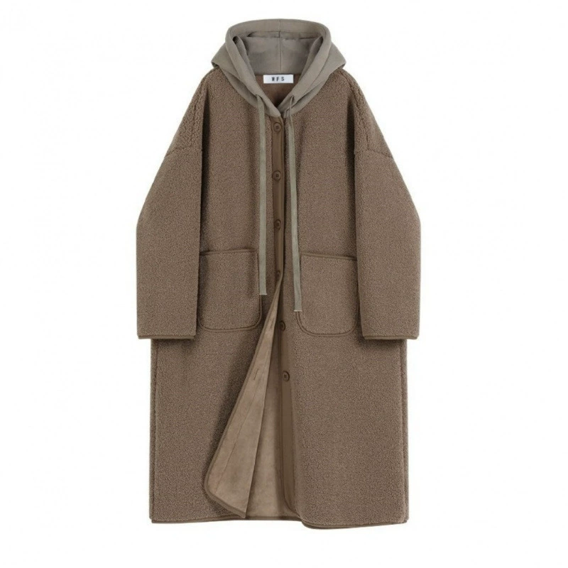 Пальто из овечьей шерсти женская осень-зима мода досуг ленивый ветер свободный большой размер толстая куртка с капюшоном