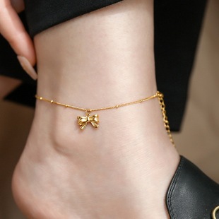 Exquisite Light Luxury Escape Princess Bow Anklet Titanium Steel Plated 18K Gold Color-free All-match Simple Gift Foot Chain